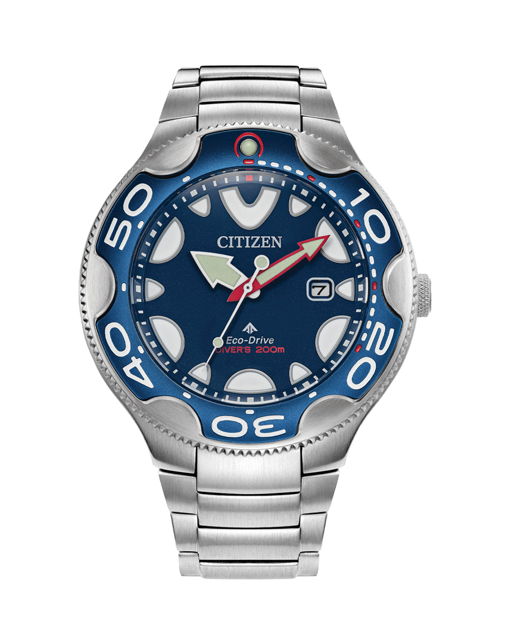 Stainless steel Citizen dive watch with a blue dial and rotating bezel.