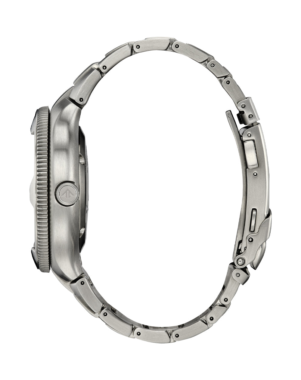 Stainless steel wristwatch with a metal link bracelet and round face.
