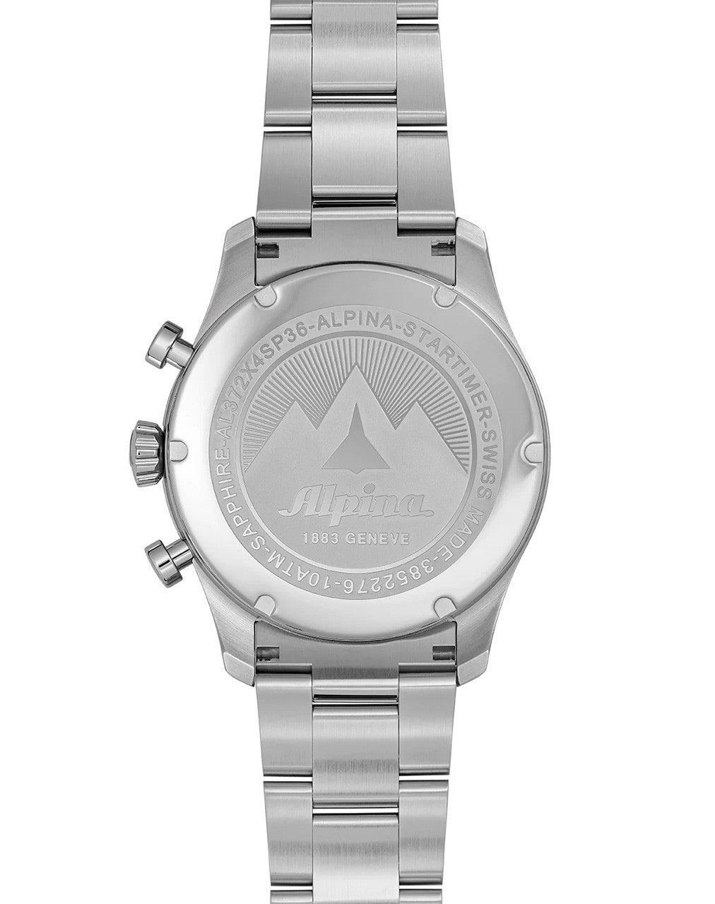 Back of a stainless steel wristwatch with a mountain logo engraved on the case.