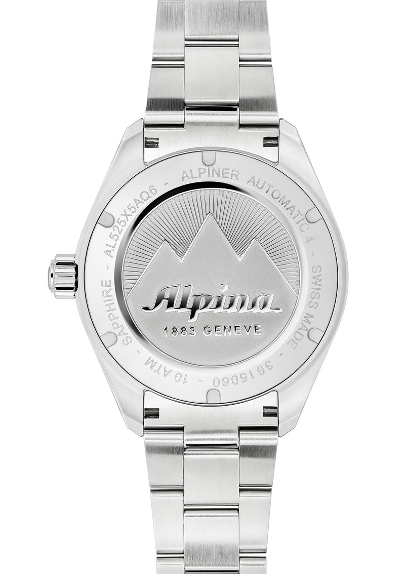 Stainless steel wristwatch with ’Alpine’ branding on its caseback.