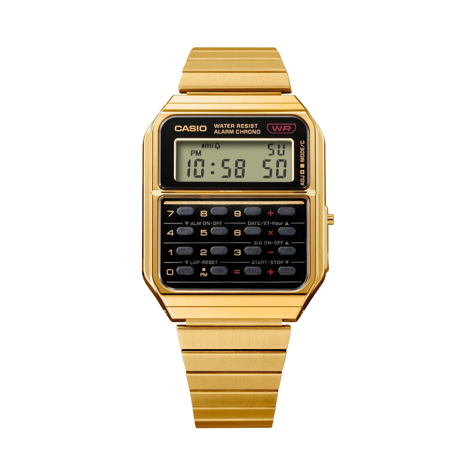 Casio Vintage Calculator Black Dial Gold Stainless Steel Band Watch CA500WEG-1A