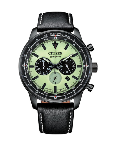 Citizen Eco-Drive Black Leather Strap Green Dial Watch CA4505- 21X