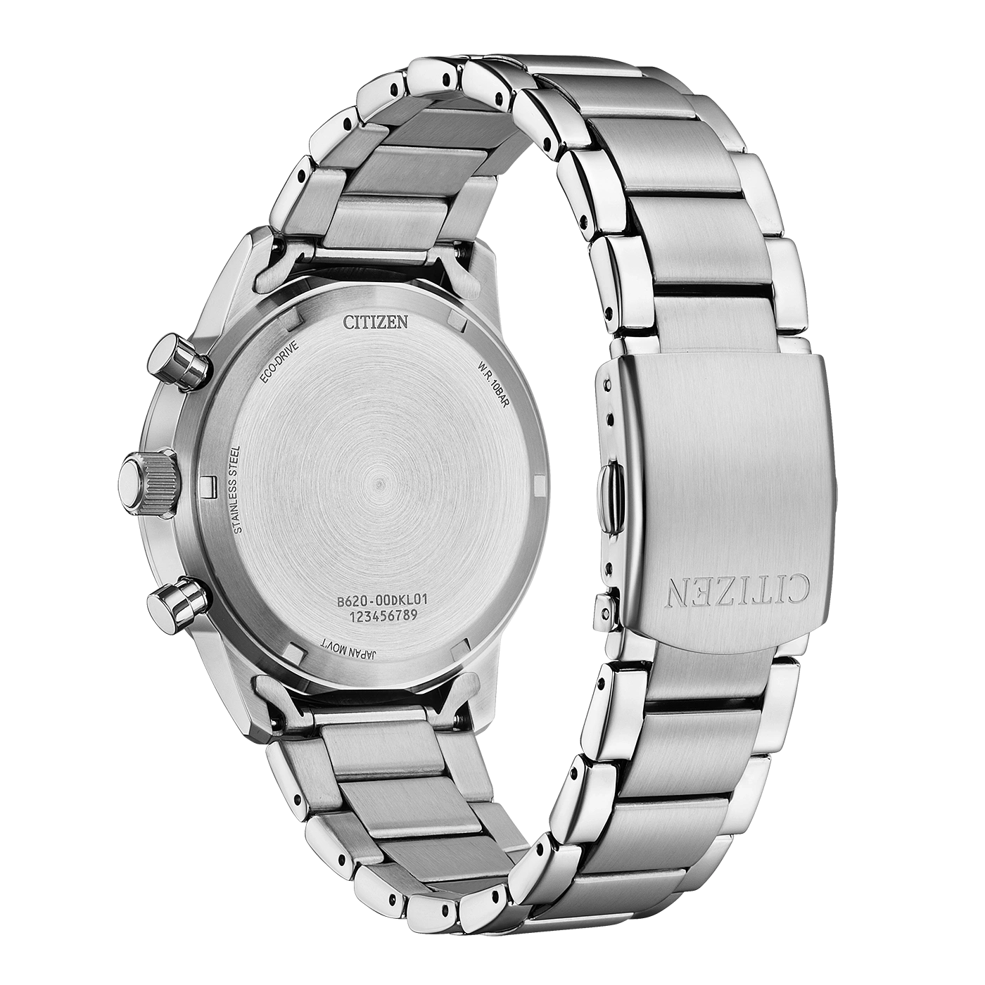 Citizen CA4720-52L pilot chronograph case-back view showing screw-down back and Eco-Drive markings