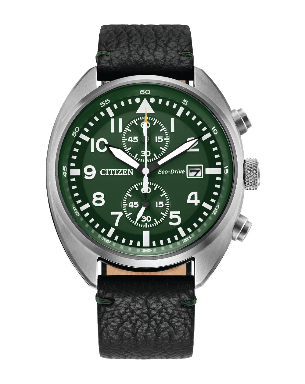 Citizen Chrono Eco-Drive Green Dial Black Leather Strap Watch CA7041-07X