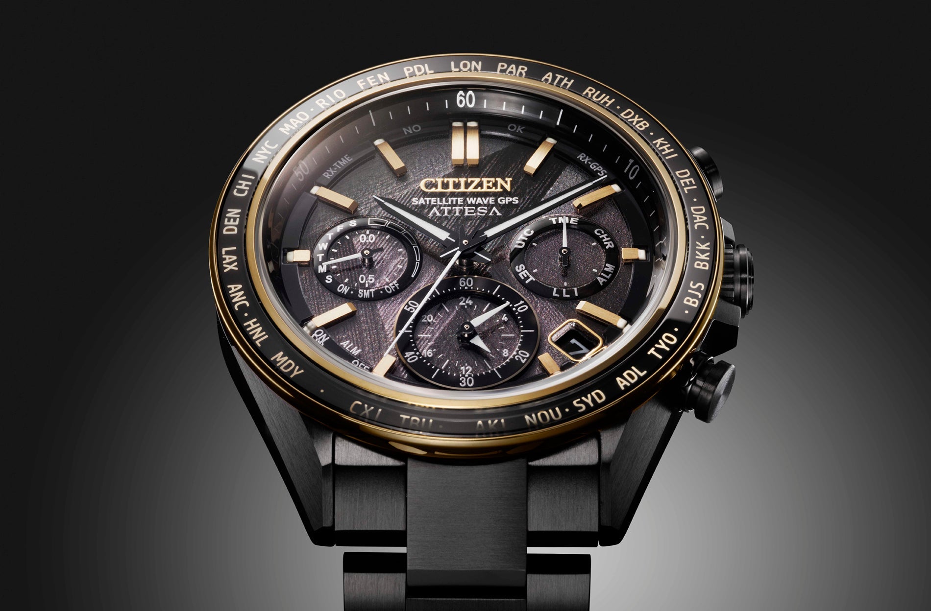 Citizen Attesa Light in Black CC4078-51E men's watch black dial black titanium bracelet angled view