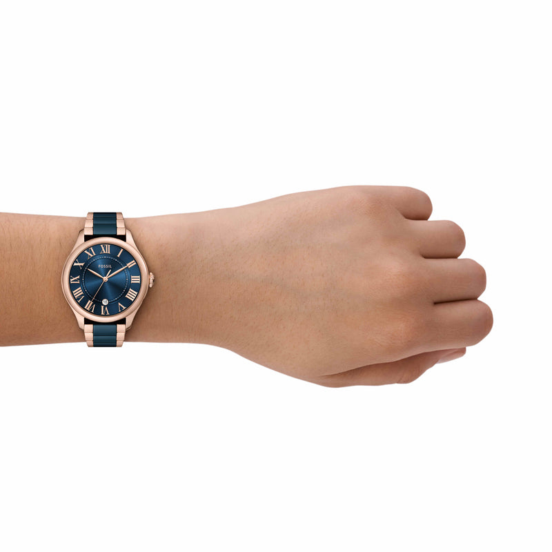 Fossil Gilmore Rose Gold Tone and Navy Ceramic Watch CE1134