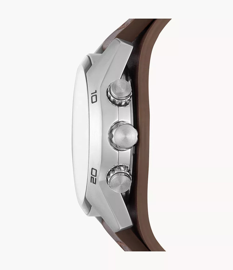 Side view of a silver chronograph watch with a brown leather strap.