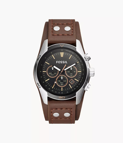 Fossil wristwatch with a brown leather strap and chronograph dial.