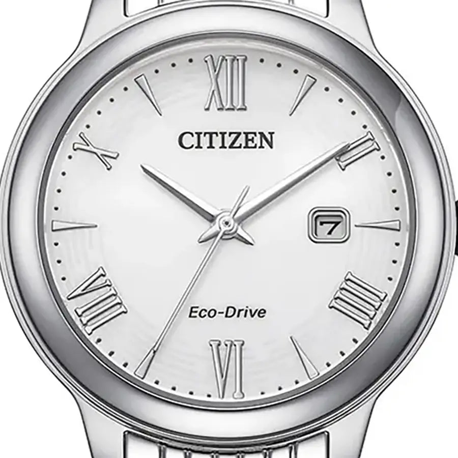 Citizen EW2621-59A close-up of the white dial, indices and hands