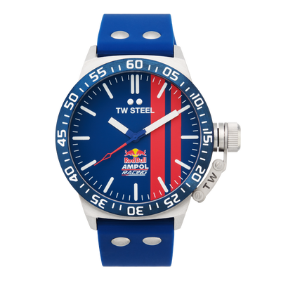 Blue and silver wristwatch with a Red Bull Racing logo on the dial and a blue rubber strap.