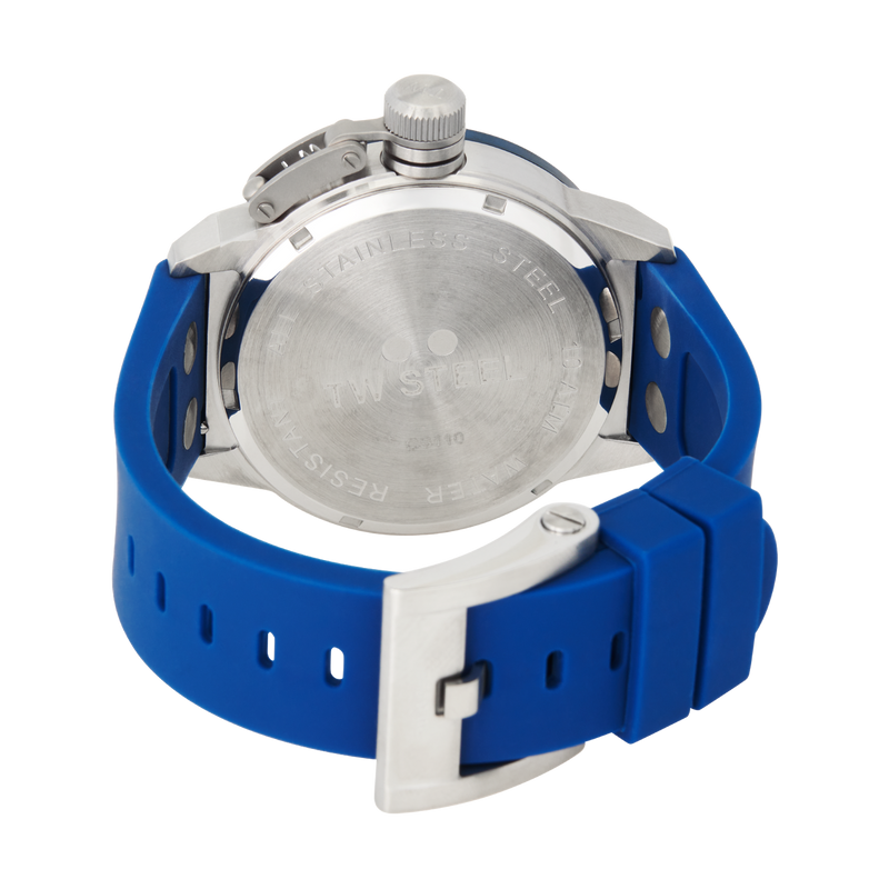 Wristwatch with a blue rubber strap and silver metal case.