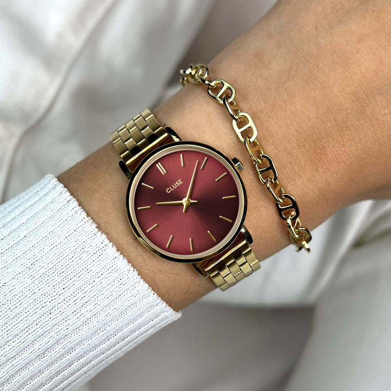 CLUSE Boho Chic Petite Dark Cherry Gold Link Watch CW10505