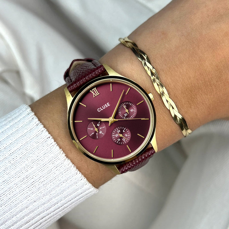 CLUSE Minuit Multifunction Dark Cherry Lizard Gold Watch CW10706