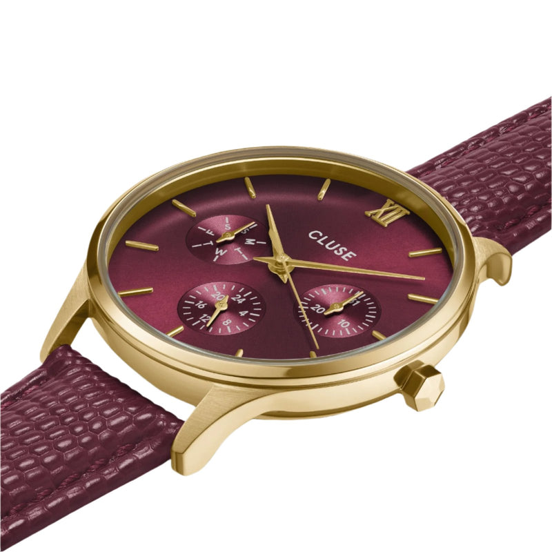 CLUSE Minuit Multifunction Dark Cherry Lizard Gold Watch CW10706