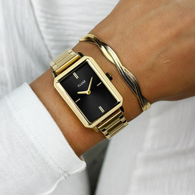 CLUSE Fluette Circular Textured Black Gold Link Watch CW11512