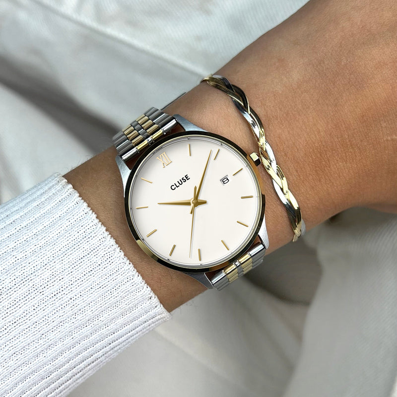 CLUSE Minuit Date Coconut Milk Bicolour Link Watch CW14302
