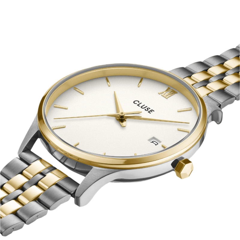CLUSE Minuit Date Coconut Milk Bicolour Link Watch CW14302
