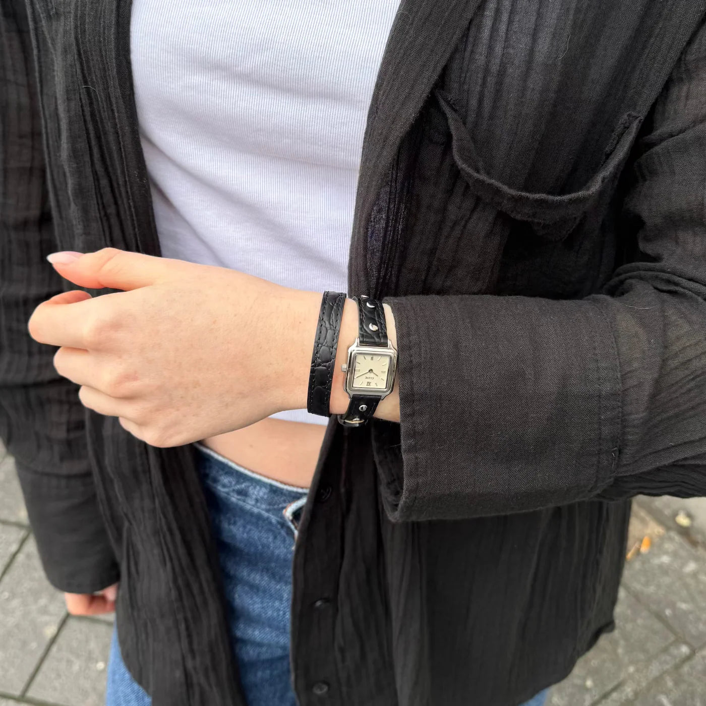 CLUSE Gracieuse Watch Double Leather Black Band Studs Silver Women's Watch CW15508