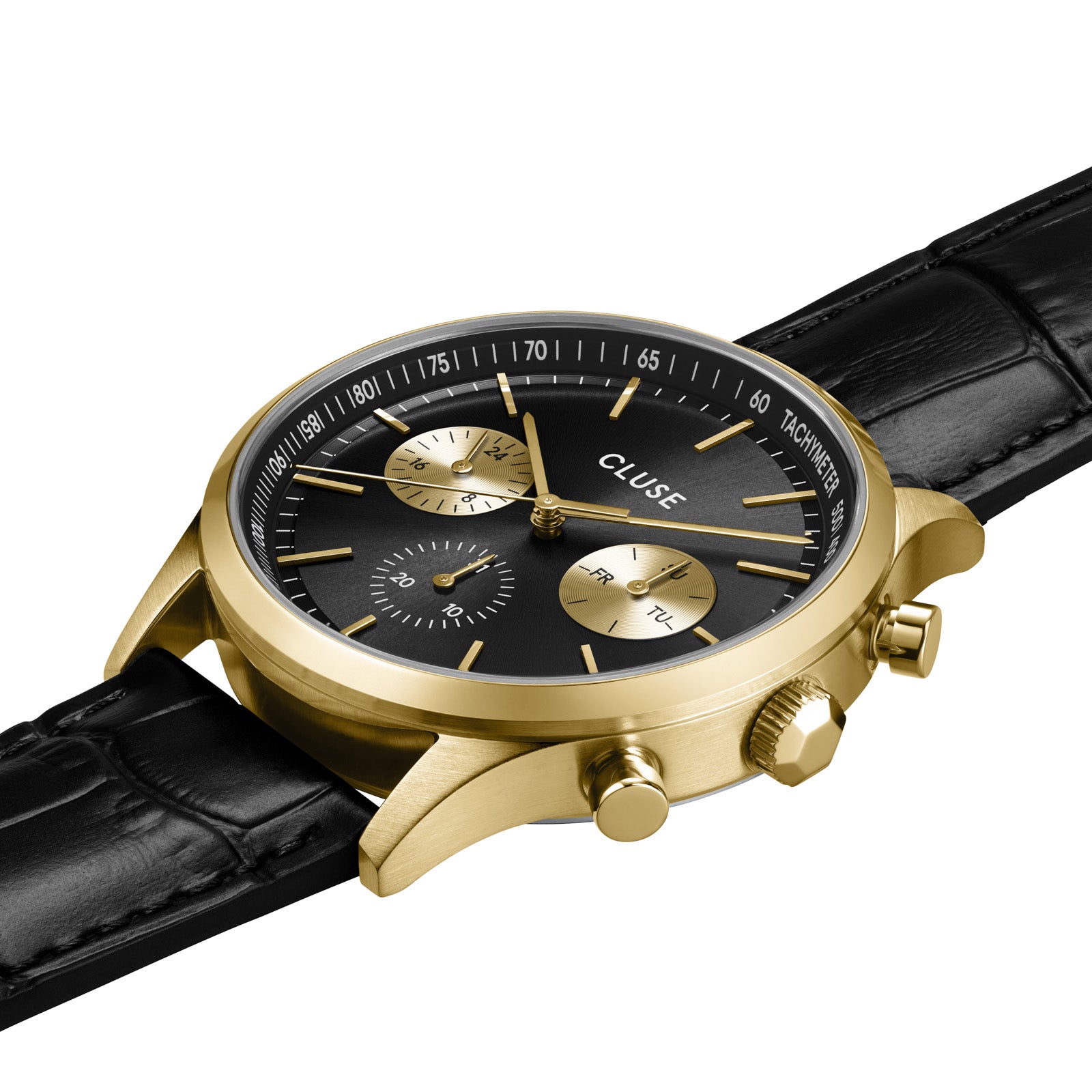 CLUSE Mens Antheor Multifunction Gold Black Black Leather Watch CW21004