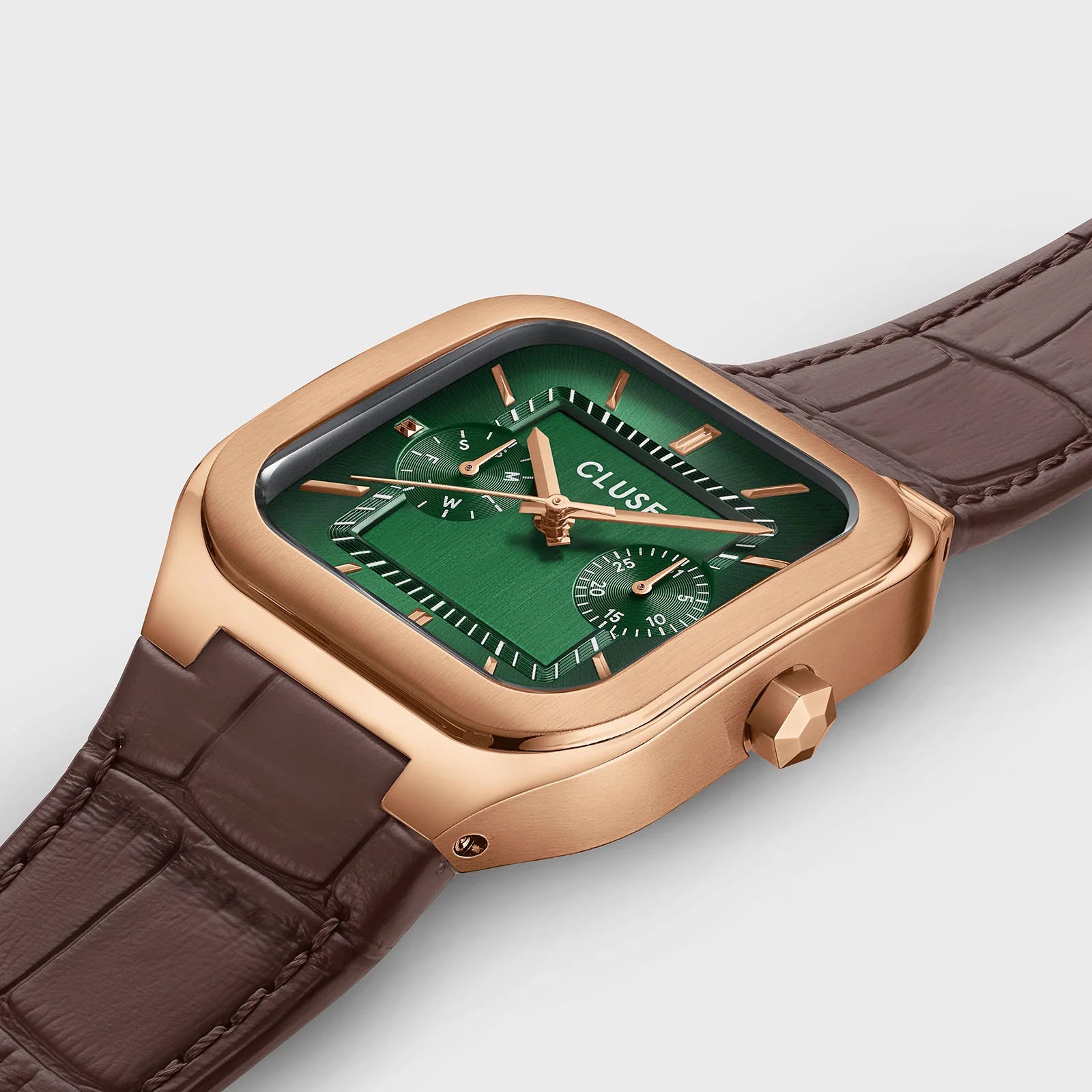 CLUSE Quadrus Multifunction Brown Leather Band Green Dial Rose Gold Men's Watch CW26205
