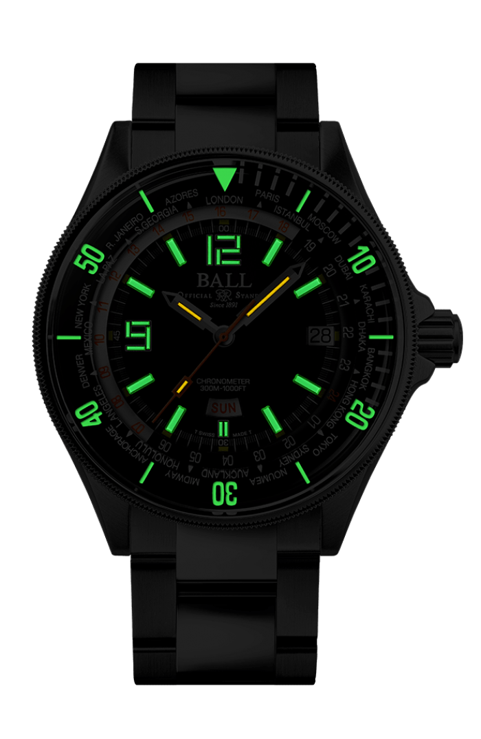Ball DG2232A-SC-BK shown at night with 36 micro gas tubes illuminating the dial, hands and inner bezel