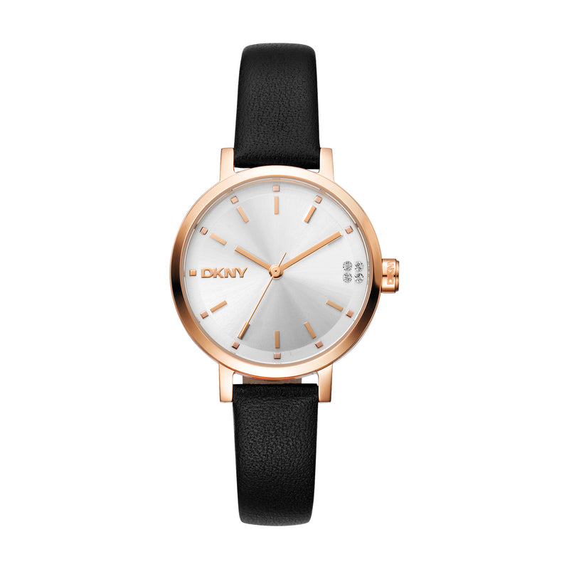 DKNY Soho Glitz Silver Dial Black Leather Strap Watch DK1L038L0035