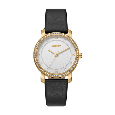 DKNY Astoria Glitz Silver Dial Black Leather Strap Watch DK1L065L0025