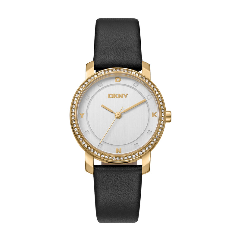 DKNY Astoria Glitz Silver Dial Black Leather Strap Watch DK1L065L0025