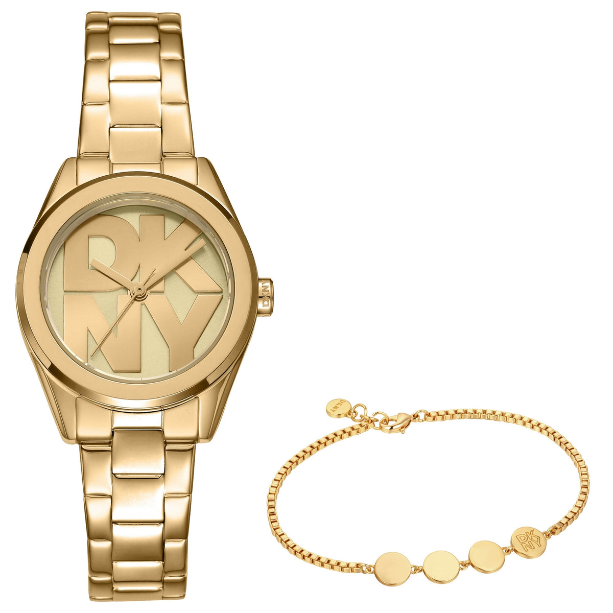 DKNY Logo Gold 28mm Gold Dial Womens Watch + Gold Bracelet DK1L145M0055