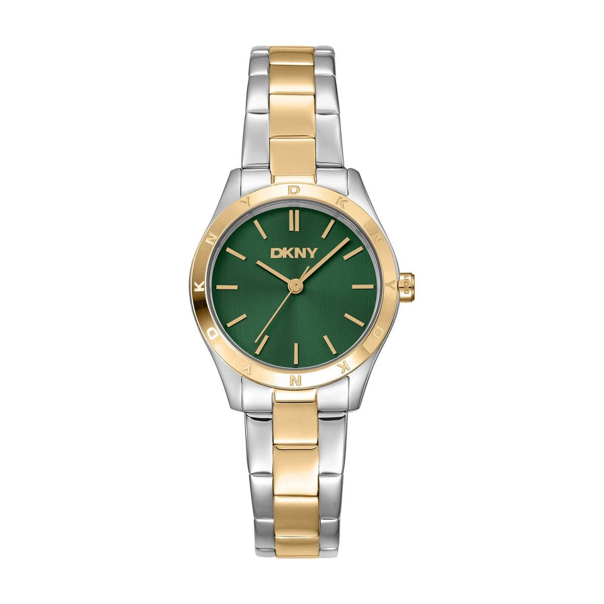 DKNY Logo Green Dial Two Tone Steel Womens Watch DK1L147M0085 front packshot