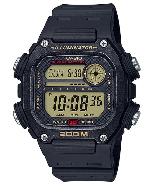 Digital Casio wristwatch with a square face and multiple display features.