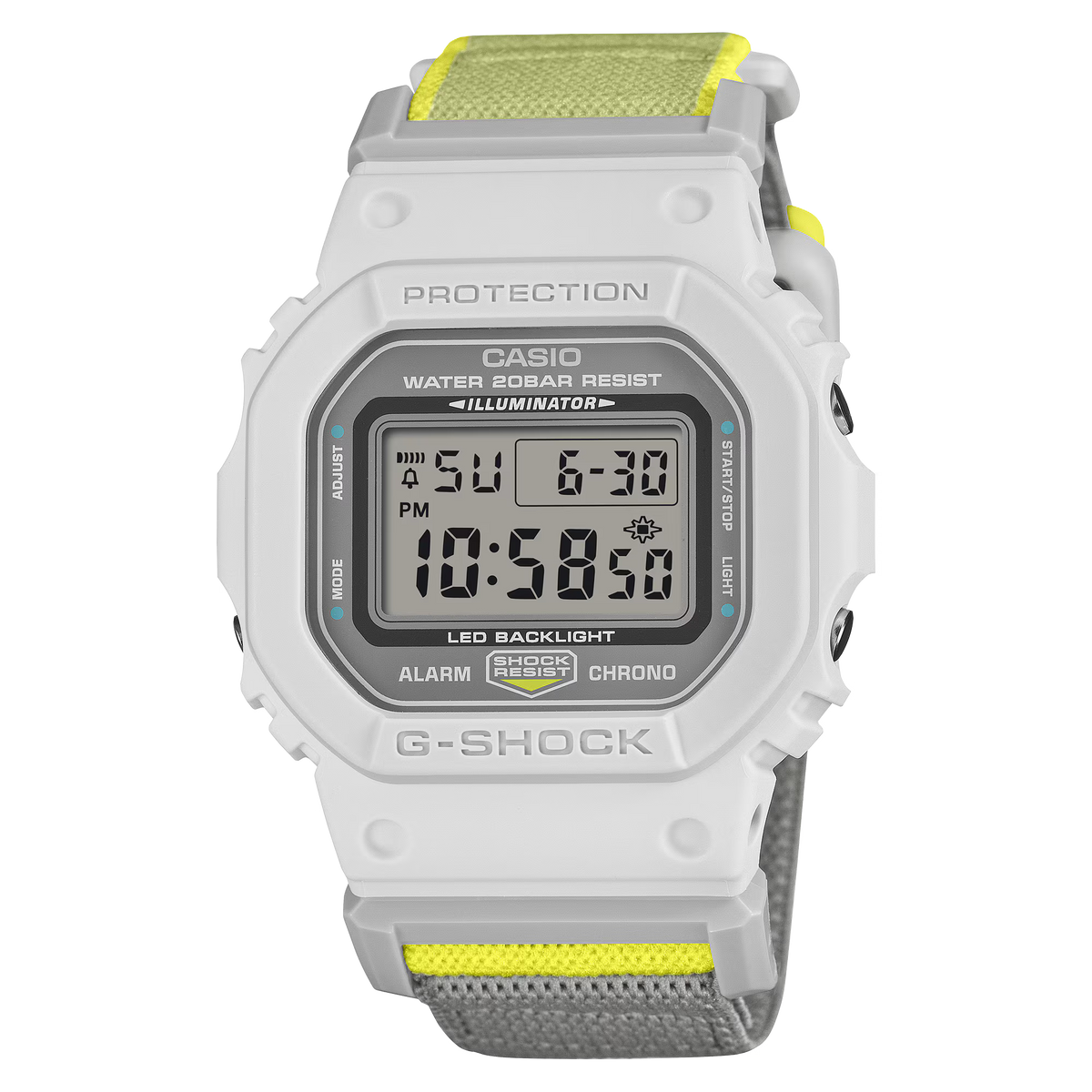 G-Shock Digital White and Yellow Nylon FIDLOCK Clasp Band Watch DW5600MNC-7A8