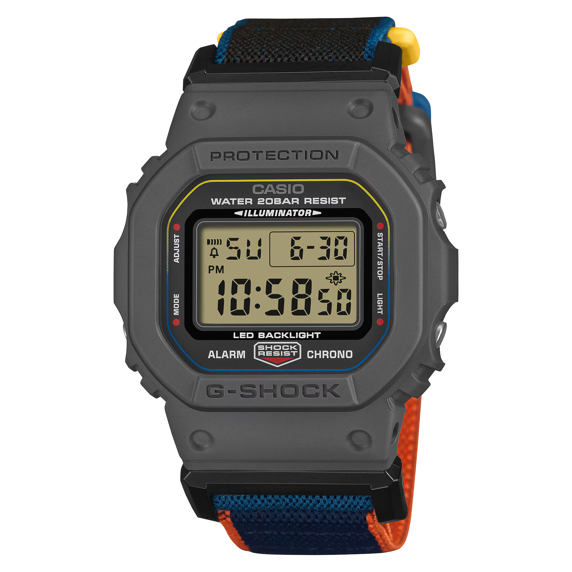 G-Shock Digital Black Case Multi Colour Band Nylon FIDLOCK Clasp Band Watch DW5600MNC-8A2
