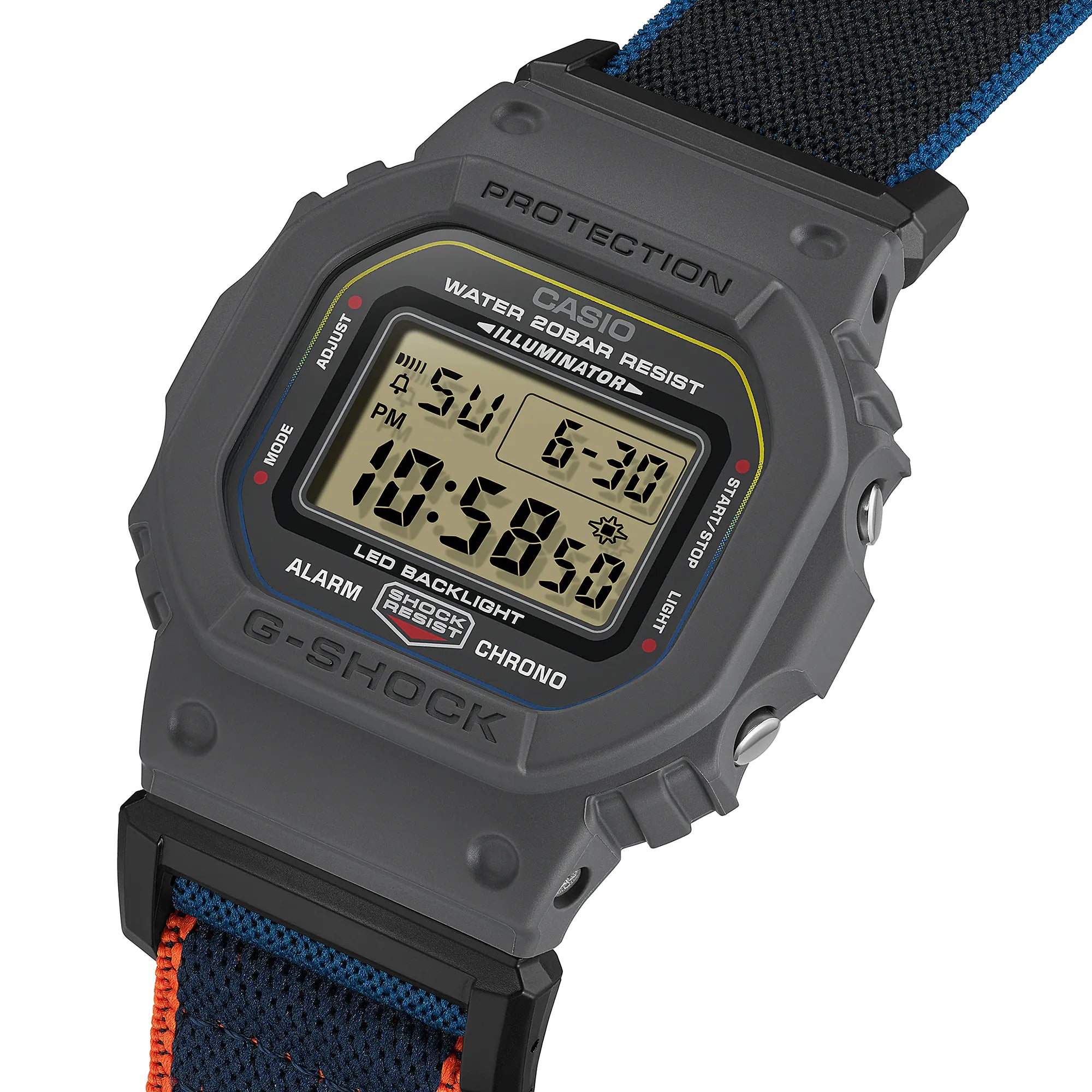 G-Shock Digital Black Case Multi Colour Band Nylon FIDLOCK Clasp Band Watch DW5600MNC-8A2