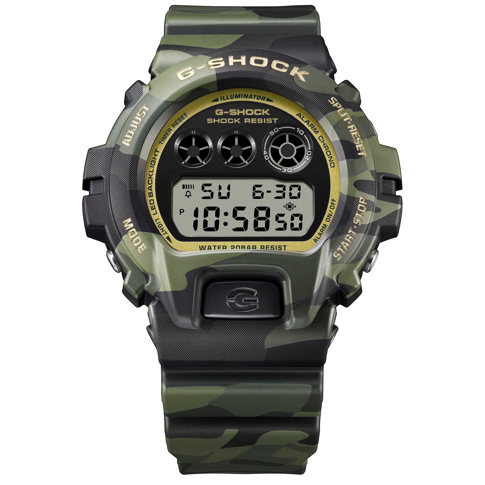 G-Shock DW6900CMG-3D camouflage bezel and digital display, front view.