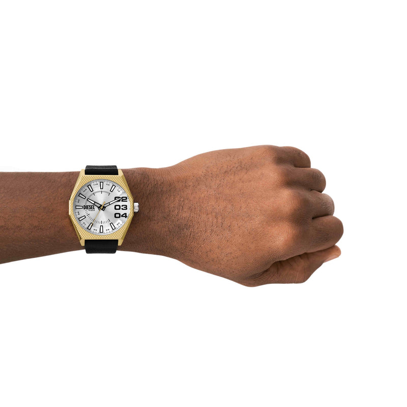 Diesel Scraper Analogue Black Leather Strap Silver Dial Watch DZ2219