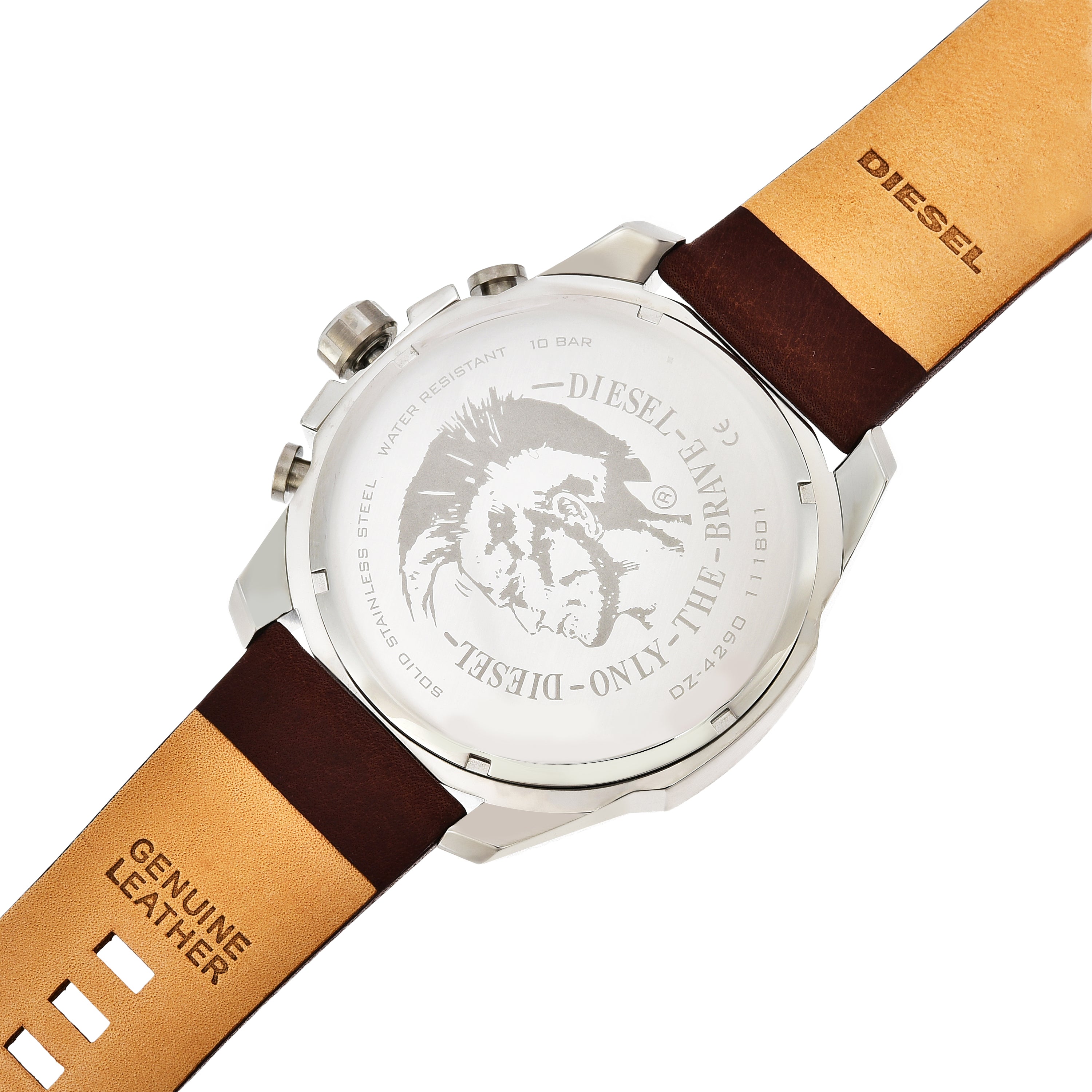 Wristwatch with a brown leather strap and silver-toned case showing its engraved back.