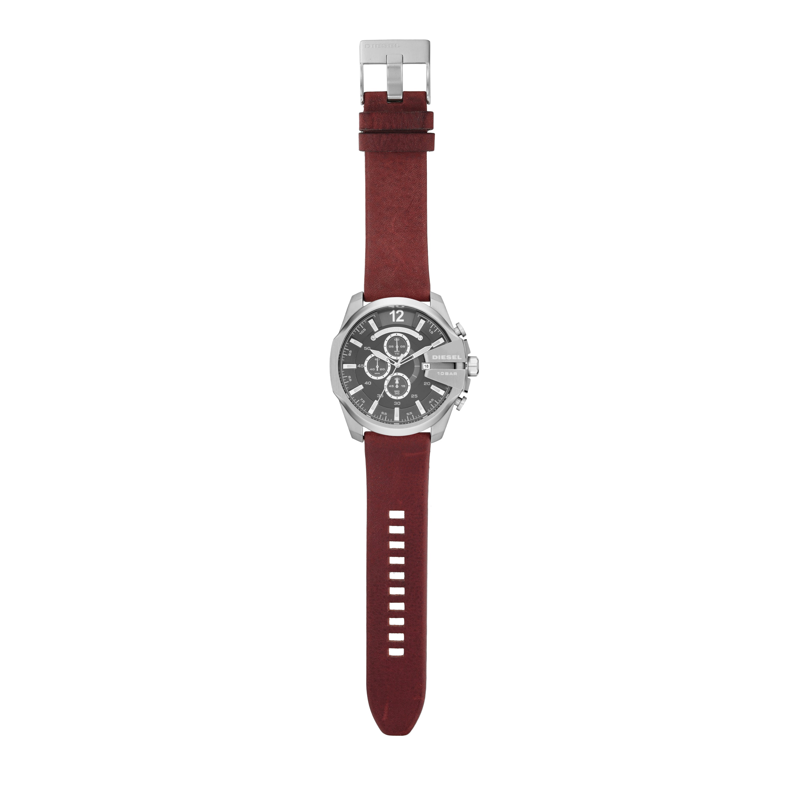 Wristwatch with a burgundy leather strap and silver-toned chronograph face.