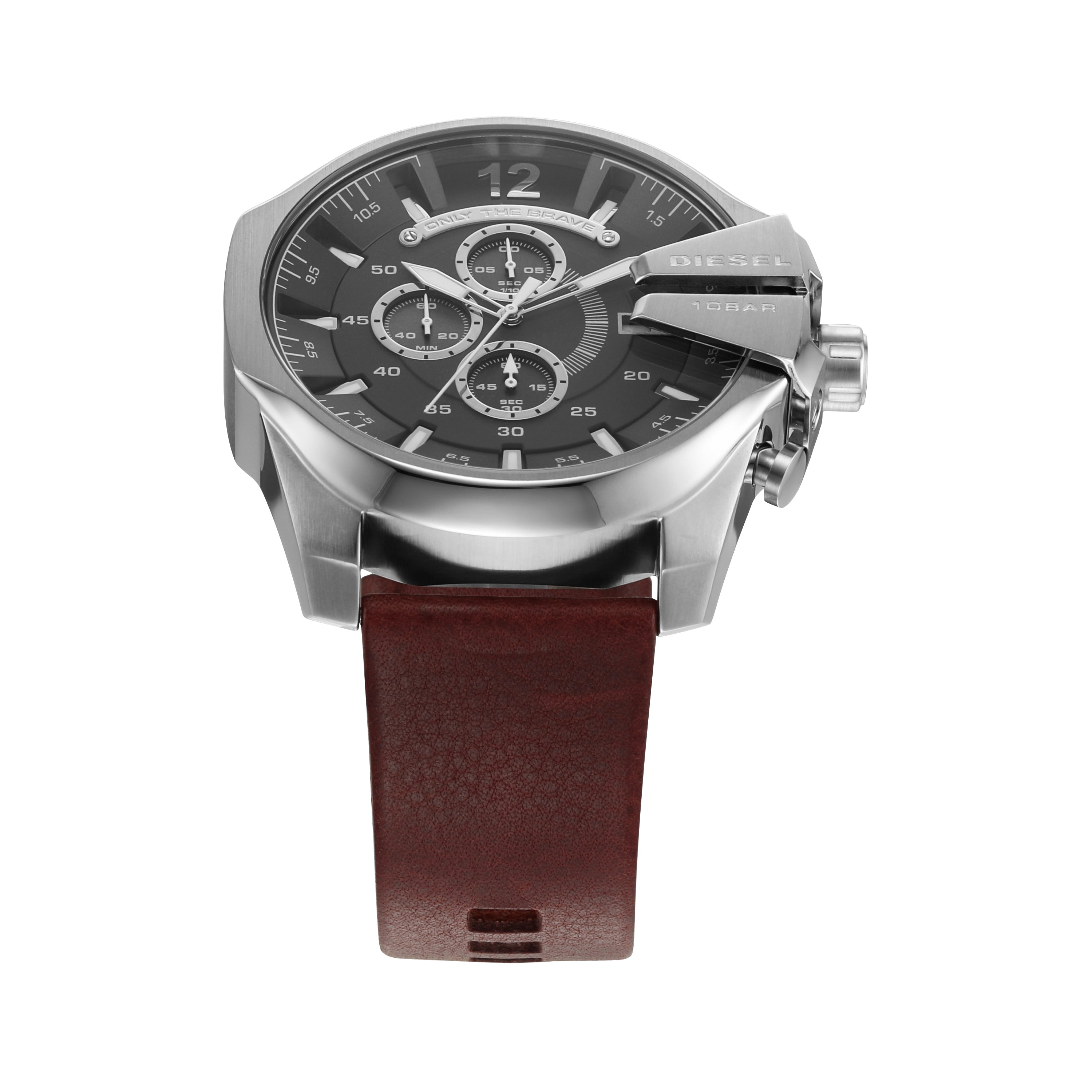 Stylish men’s wristwatch with a silver case, black dial, and burgundy leather strap.