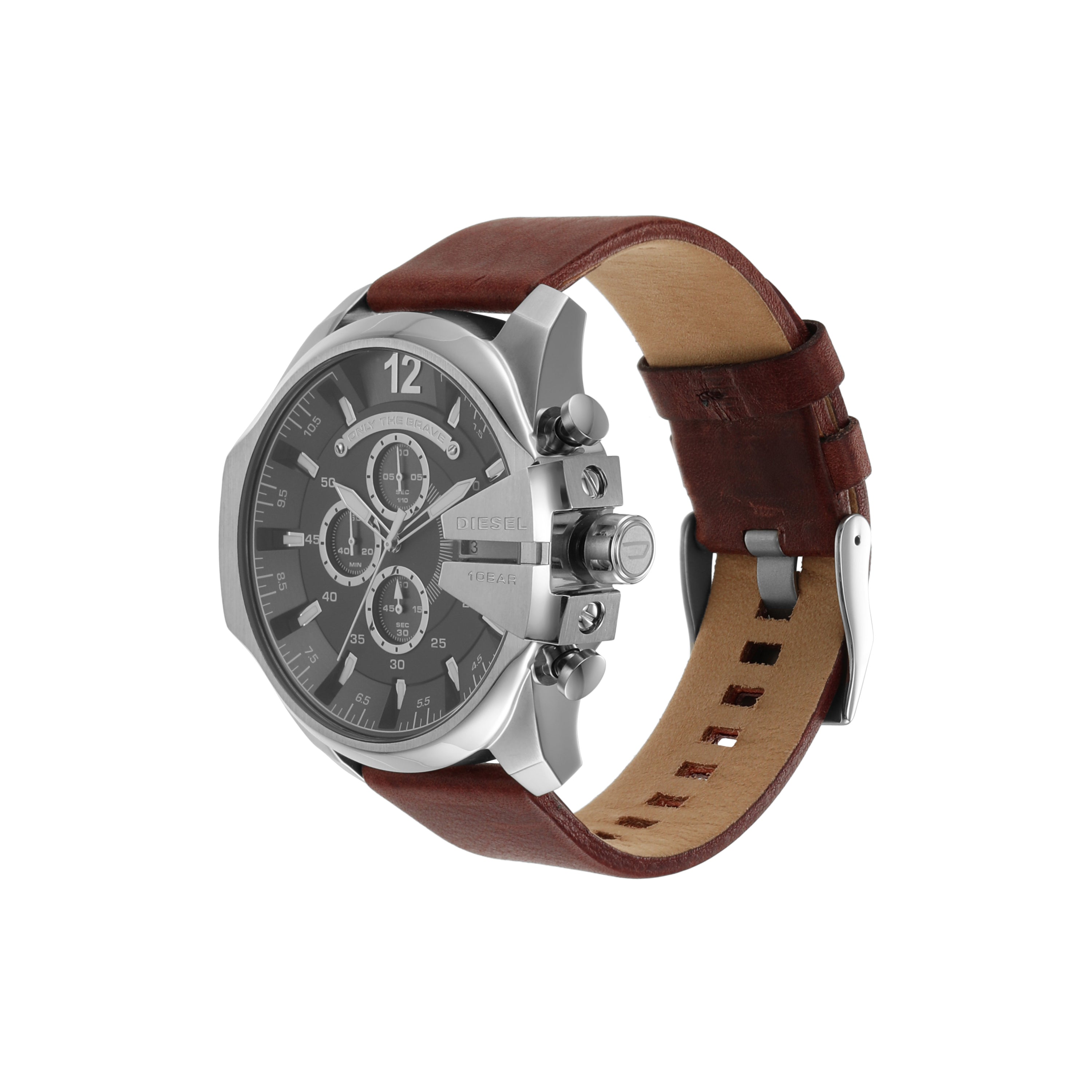 Men’s wristwatch with a brown leather strap and silver-toned case featuring a black dial with multiple subdials.