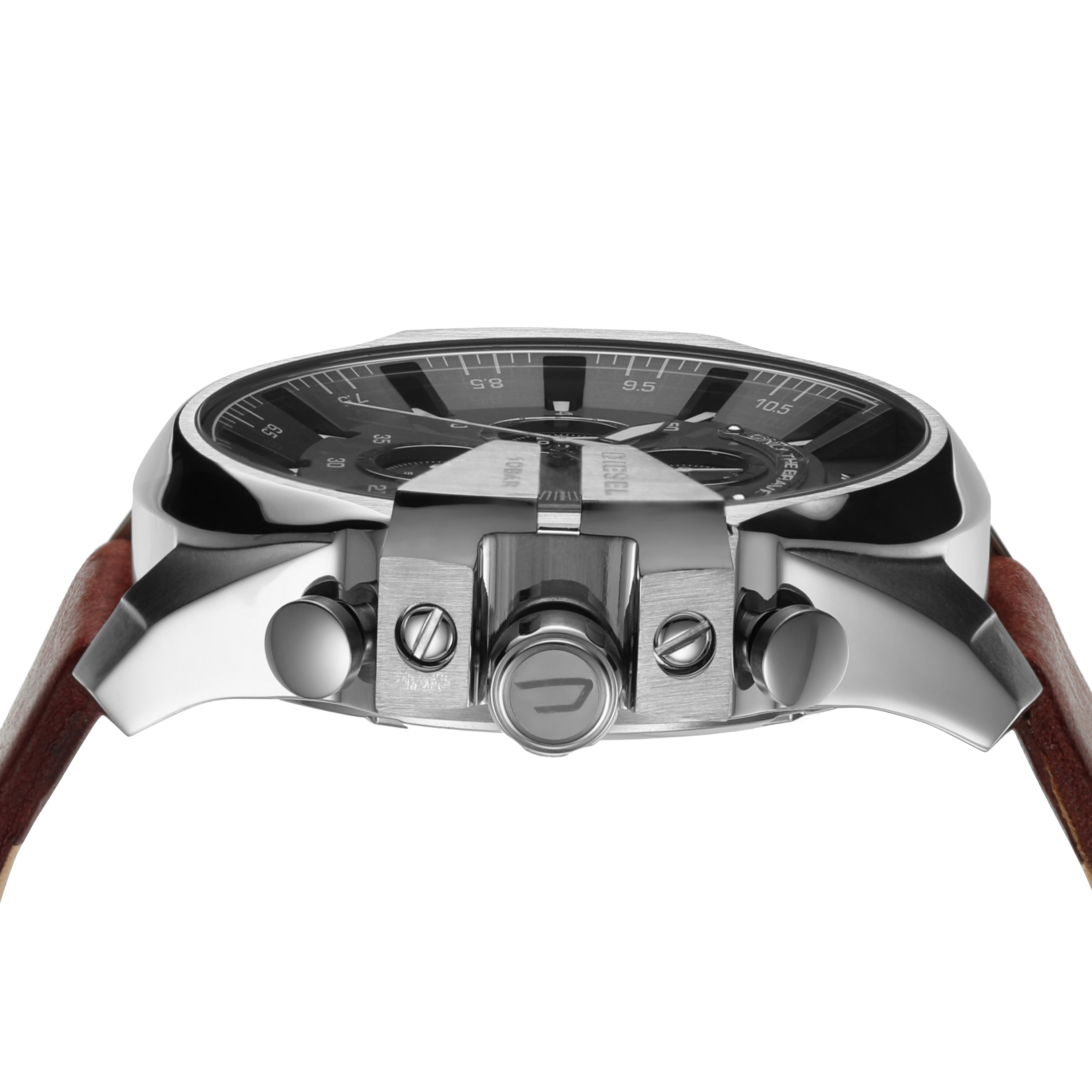 Luxury wristwatch with a brown leather strap and silver-toned metal case.