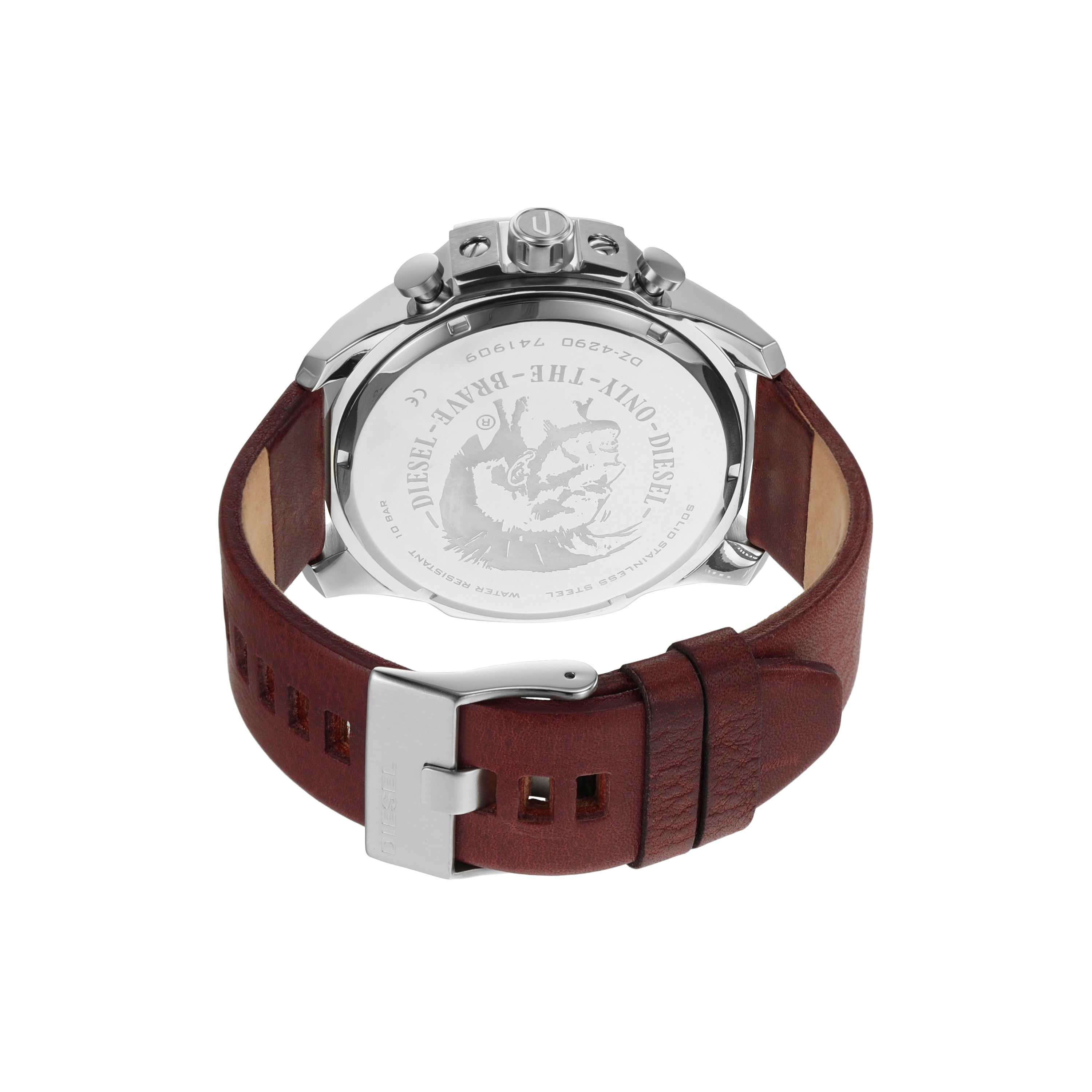 Wristwatch with a silver case and burgundy leather strap.