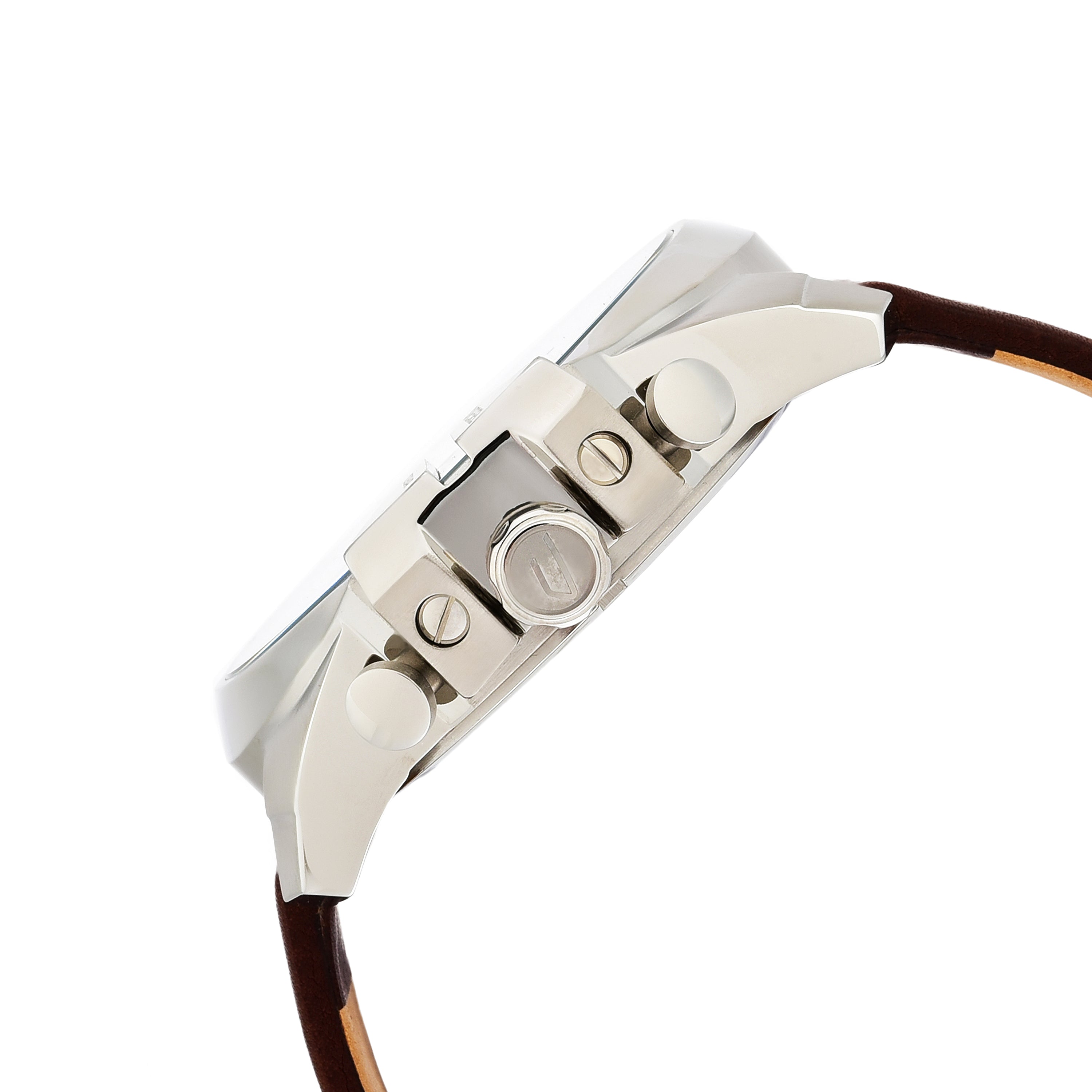 Side view of a wristwatch with a white face and brown leather strap.