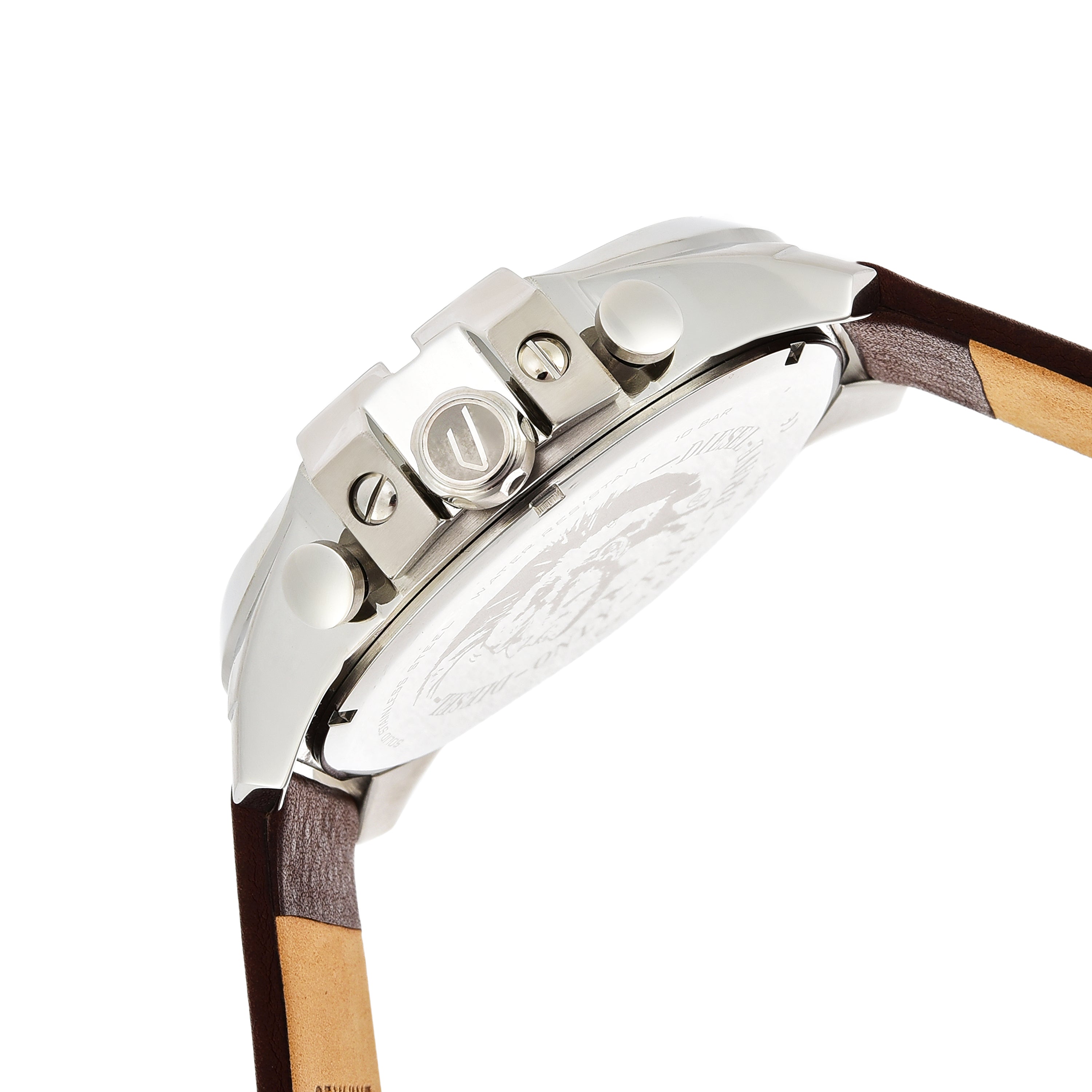 Wristwatch with a silver case and brown leather strap.