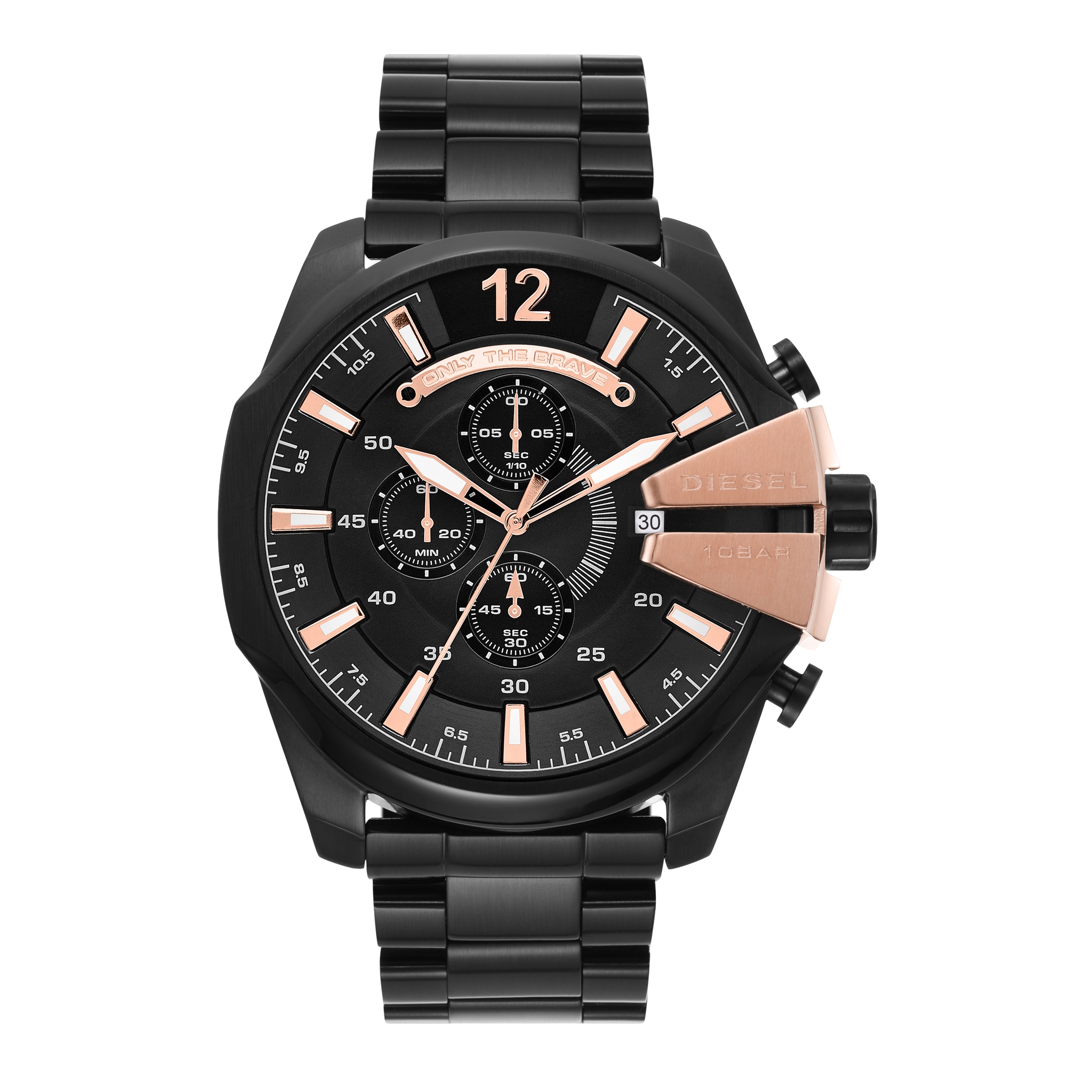 Black men’s chronograph wristwatch with rose gold accents on a metal bracelet.