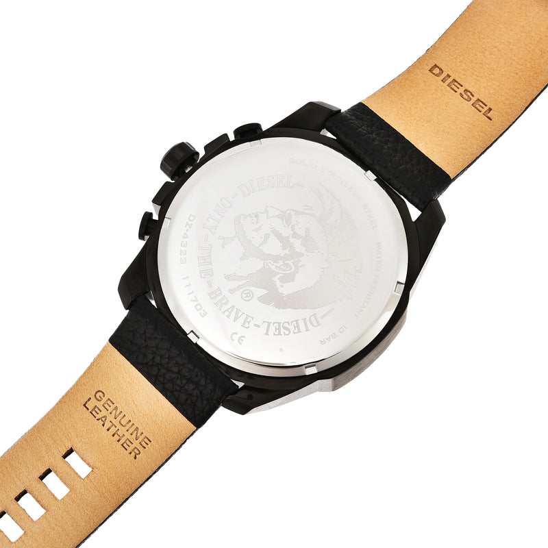 Wristwatch with a black case and tan leather strap.