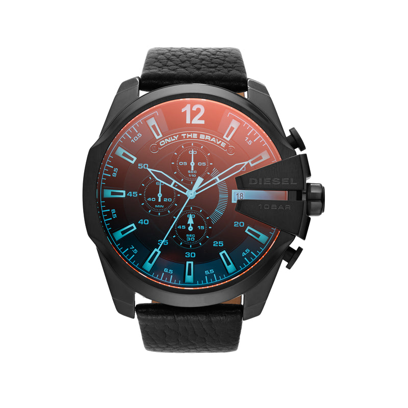 Stylish black wristwatch with a red and blue gradient dial face.