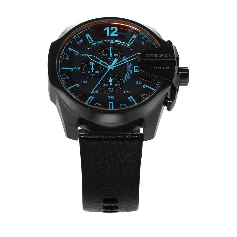 Black wristwatch with blue accents on the dial and a black strap.