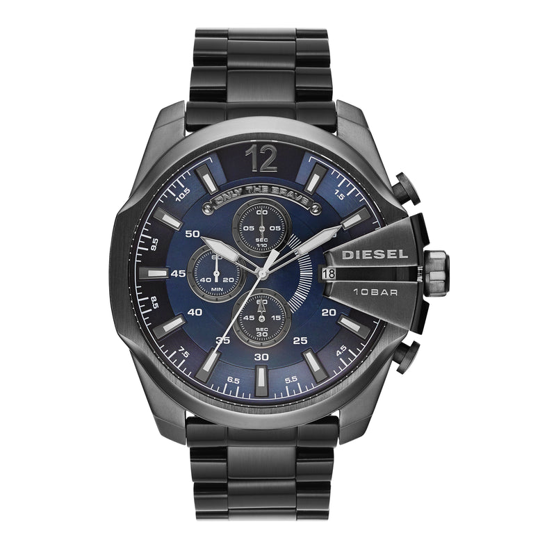 Stylish men’s chronograph wristwatch with a dark blue dial and gunmetal gray metal bracelet.