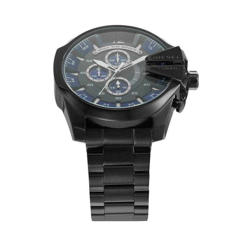 Black men’s wristwatch with a blue-accented chronograph dial and metal bracelet.